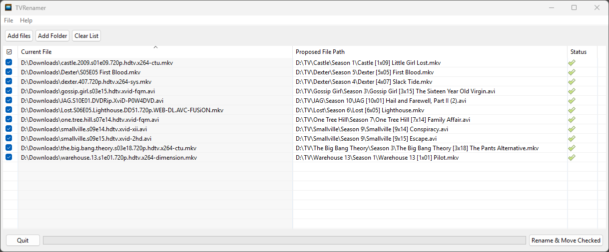TVRenamer renaming ten downloaded episodes into a tidy TV library